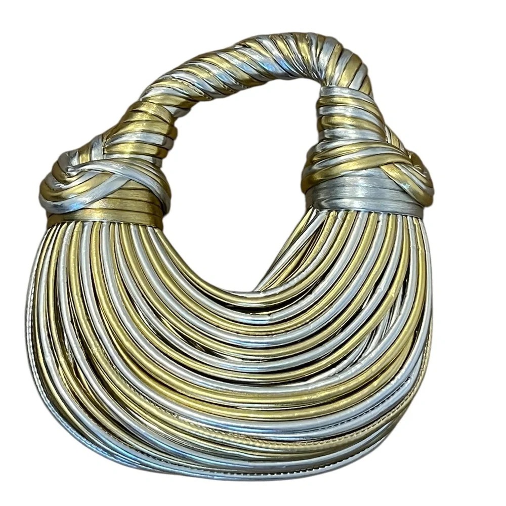 NEW Statement Metallic Gold and Silver Fringe Textured Handbag - Picture 2 of 7